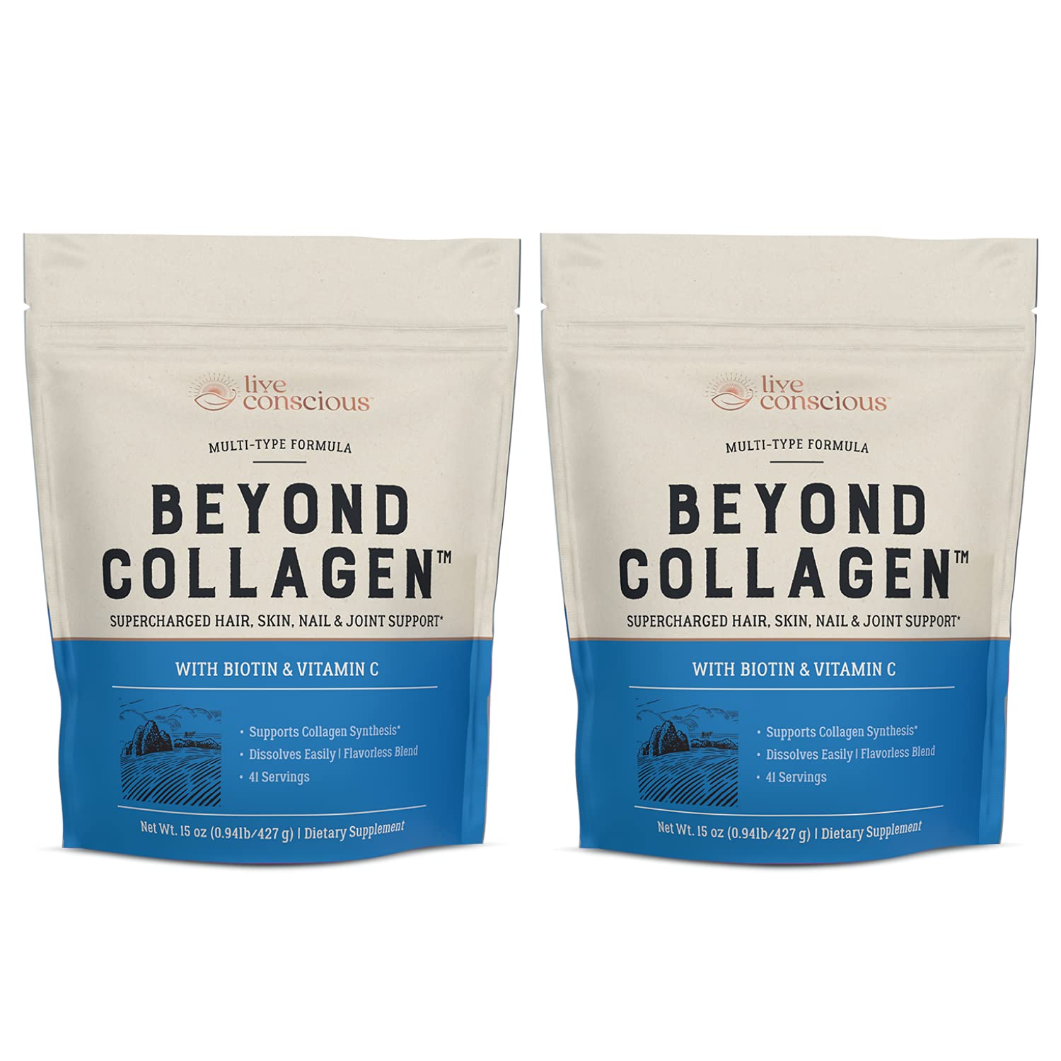 Live Conscious Beyond Collagen powder tub shown on a kitchen counter for daily beauty support.