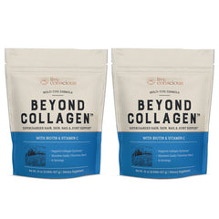 Live Conscious Beyond Collagen powder tub shown on a kitchen counter for daily beauty support.