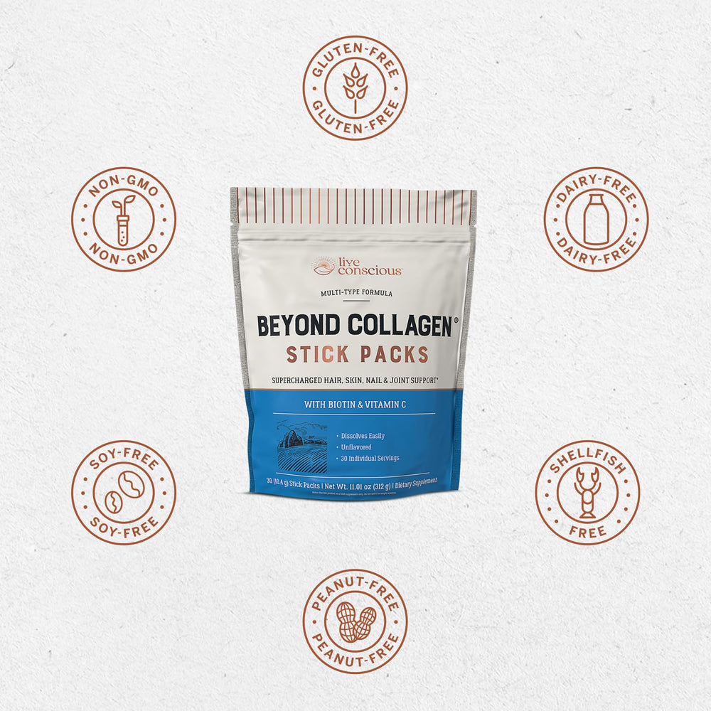 Live Conscious Beyond Collagen scooper with powder suggesting easy mixing.