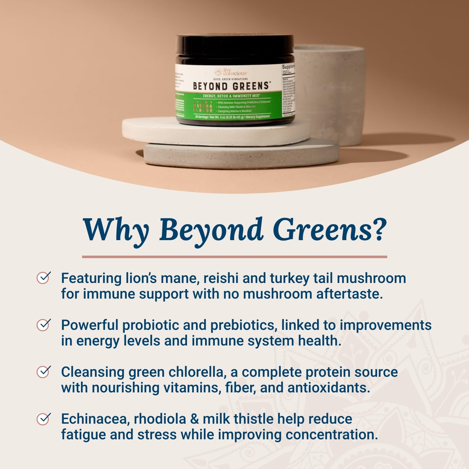 Bright green smoothie made with Live Conscious Beyond Greens.