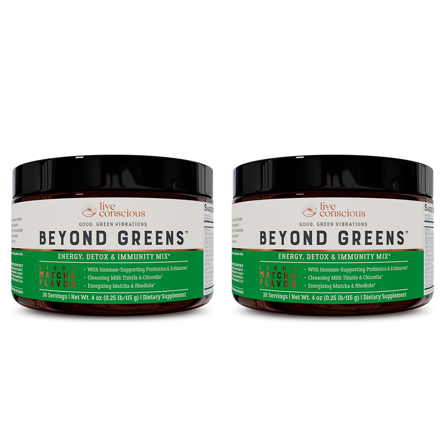 Live Conscious Beyond Greens Matcha bottle for convenient daily immune support and energy.