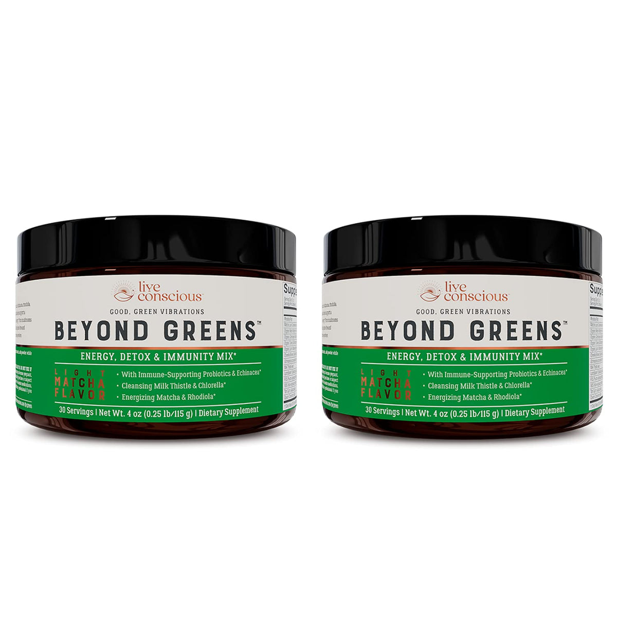 Live Conscious Beyond Greens Matcha bottle for convenient daily immune support and energy.