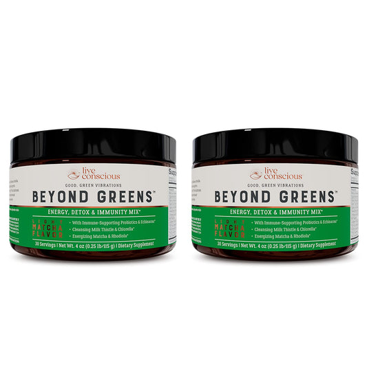 Live Conscious Beyond Greens Matcha bottle for convenient daily immune support and energy.