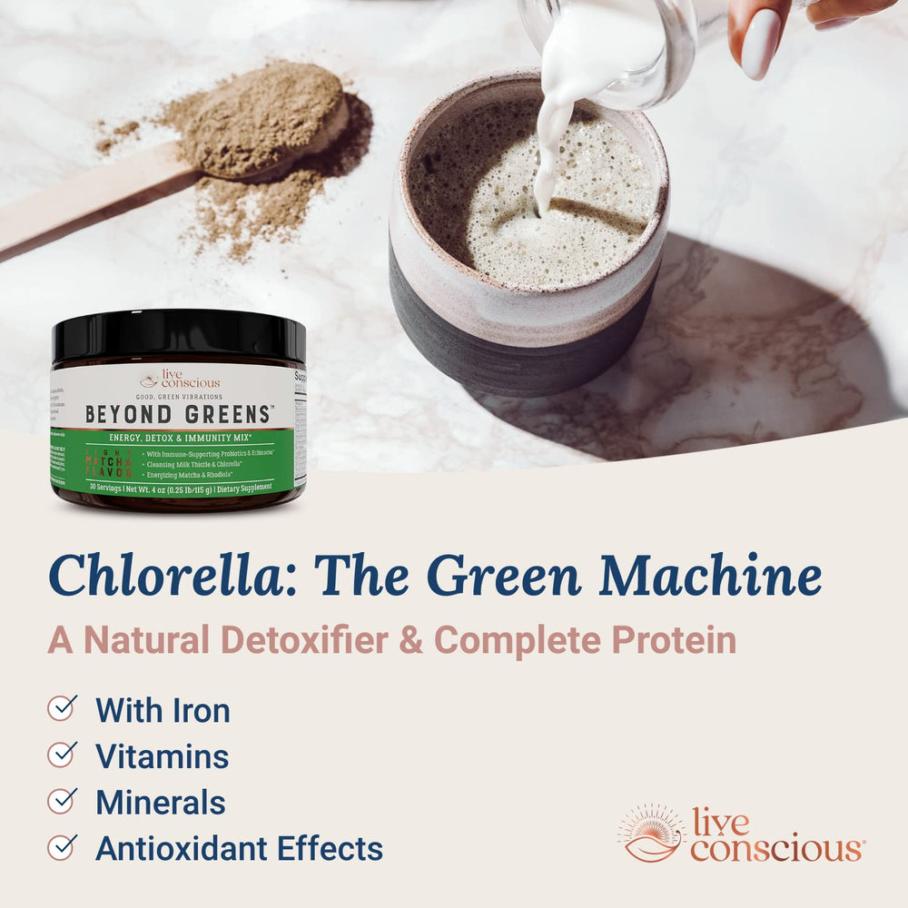 Live Conscious Beyond Greens being poured into a glass for a refreshing green drink.