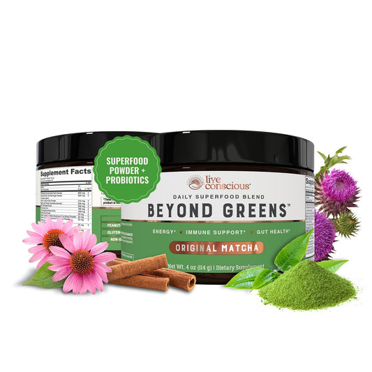 Live Conscious Beyond Greens tub packaging showcases convenient daily greens boost.