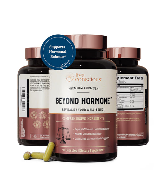 Live Conscious Beyond Hormone bottle closeup supports daily hormone balance