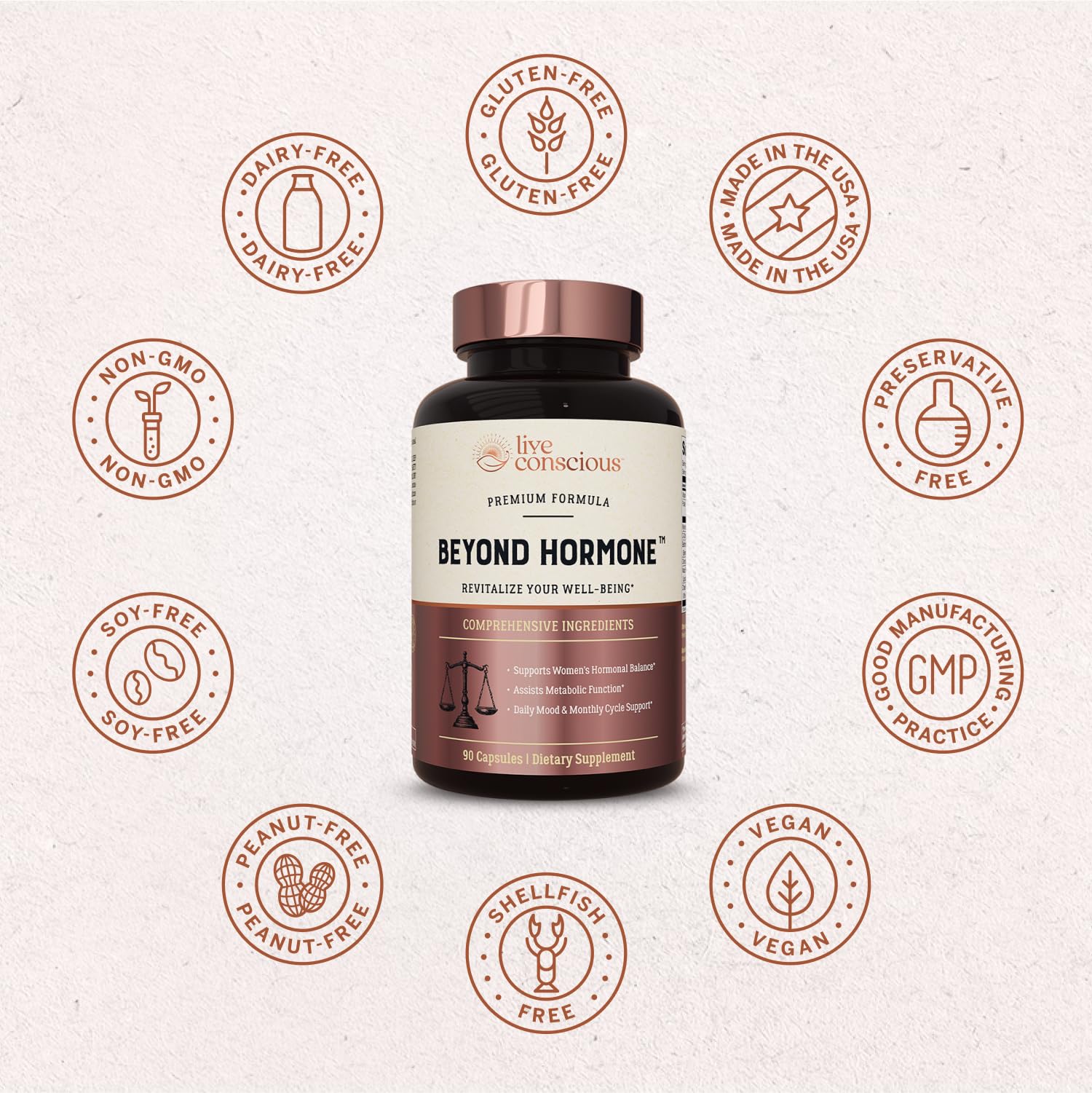 Live Conscious Beyond Hormone daily-dose on shelf for PMS support