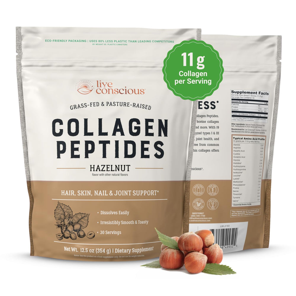 Live Conscious Collagen Peptides Powder hazelnut flavor tub supports skin, hair, and nails.