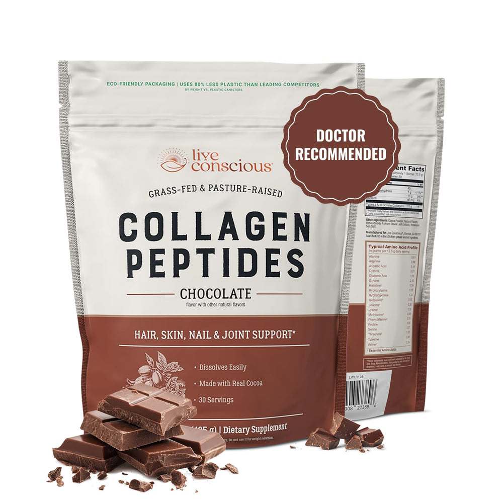 Live Conscious Collagen Peptides Chocolate bottle highlights skin support and gluten-free formula.