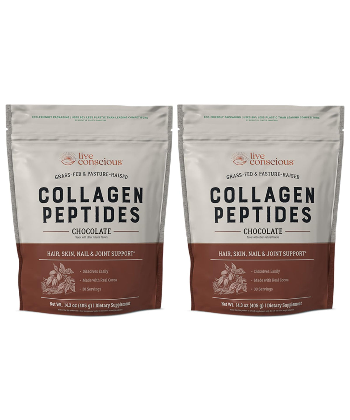 Live Conscious Collagen Peptides Chocolate bottle showing premium grass-fed formula for skin support