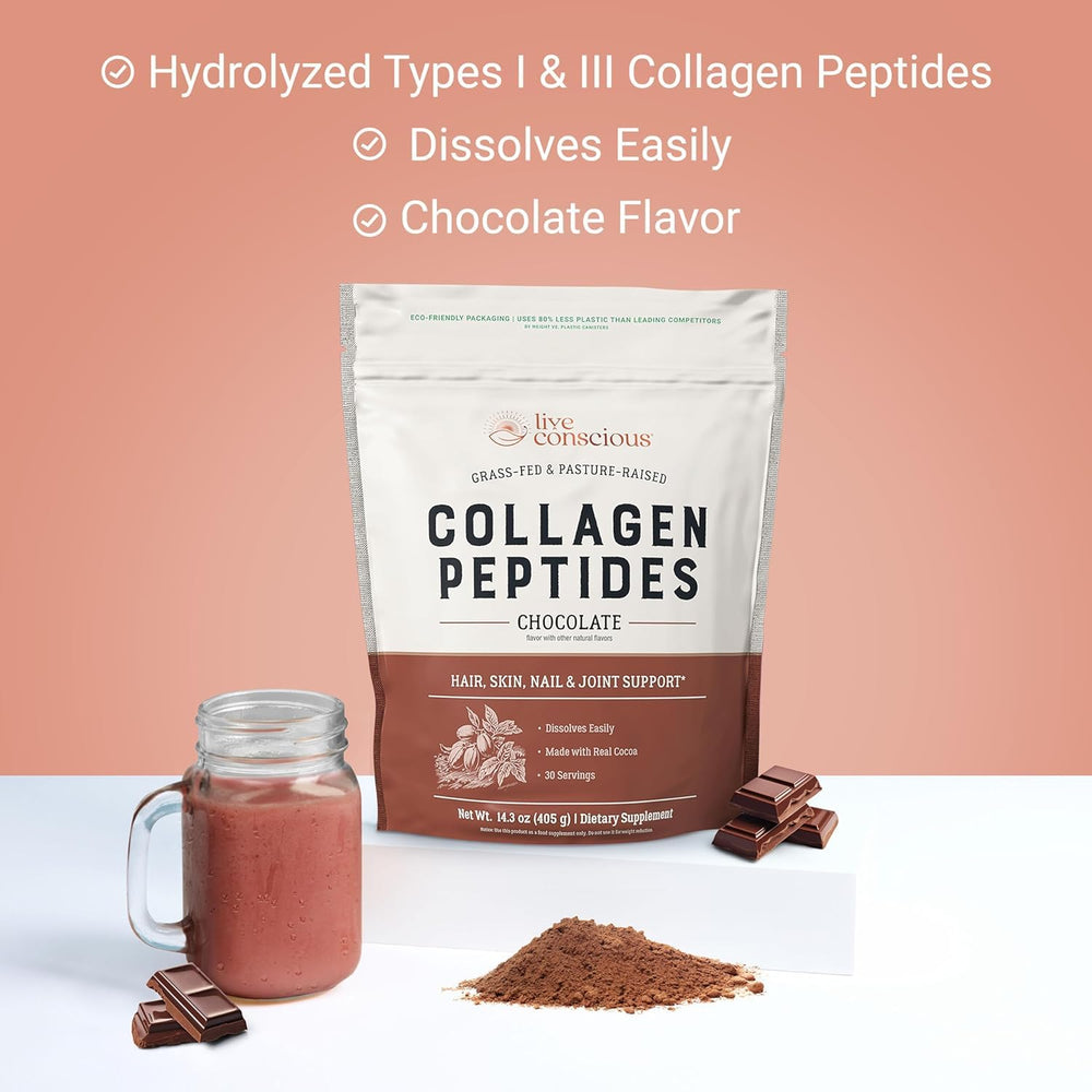 Live Conscious Collagen Peptides Chocolate glass with drink highlighting flavor