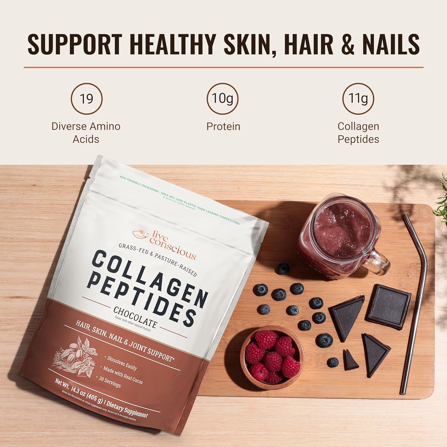 Live Conscious Collagen Peptides Chocolate scoop illustrating easy daily use