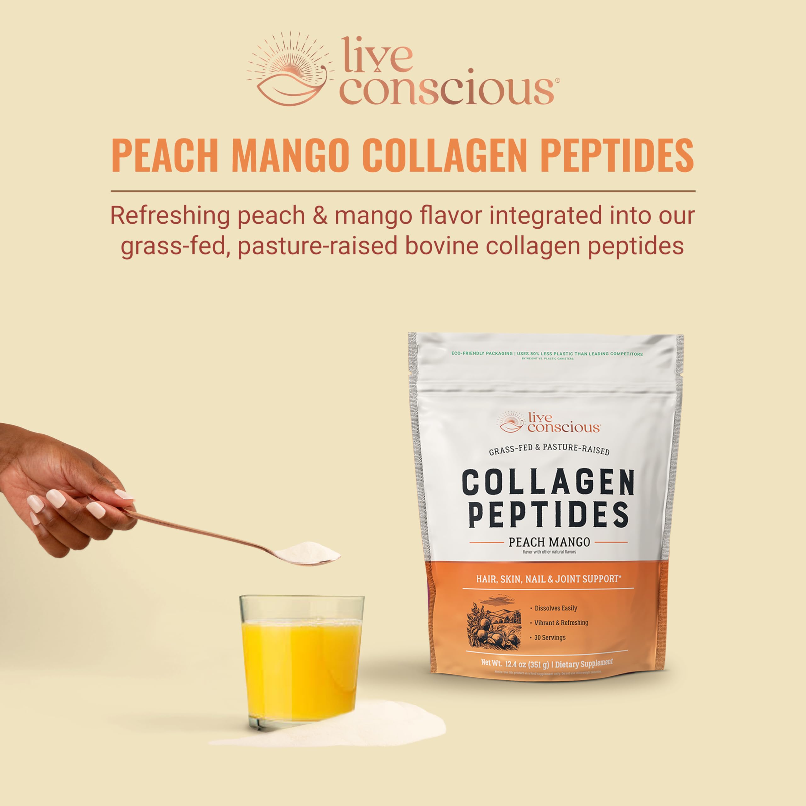 Live Conscious Collagen Peptides Peach Mango dissolve in a glass delivering rapid mixability.