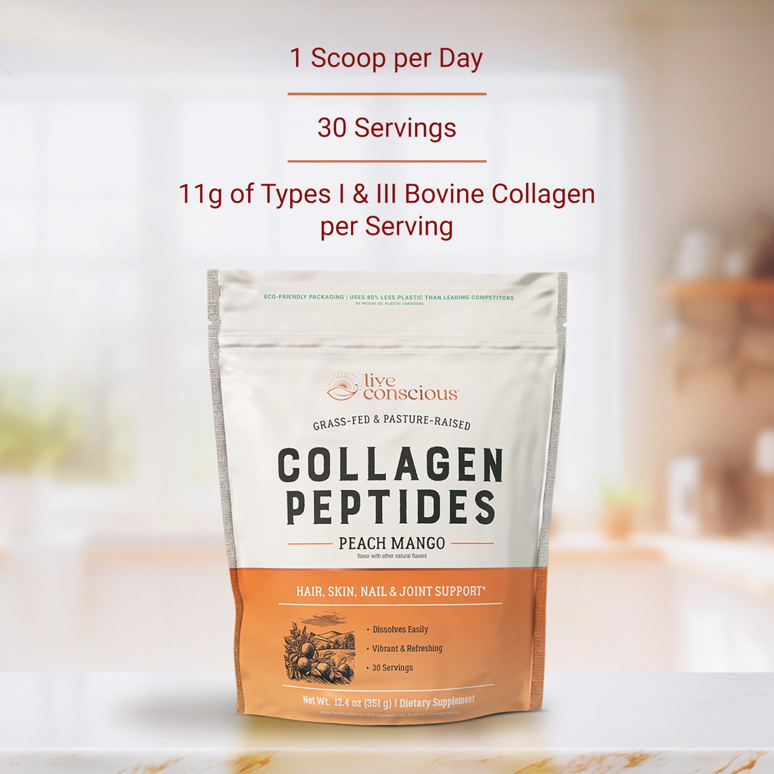Live Conscious Collagen Peptides Peach Mango glass mix demonstrates smooth texture for any beverage.
