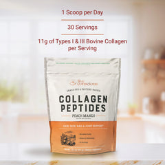Live Conscious Collagen Peptides Peach Mango glass mix demonstrates smooth texture for any beverage.