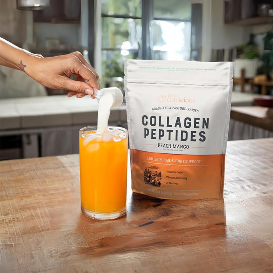 Live Conscious Collagen Peptides peach mango powder dissolving in water for daily skin support.