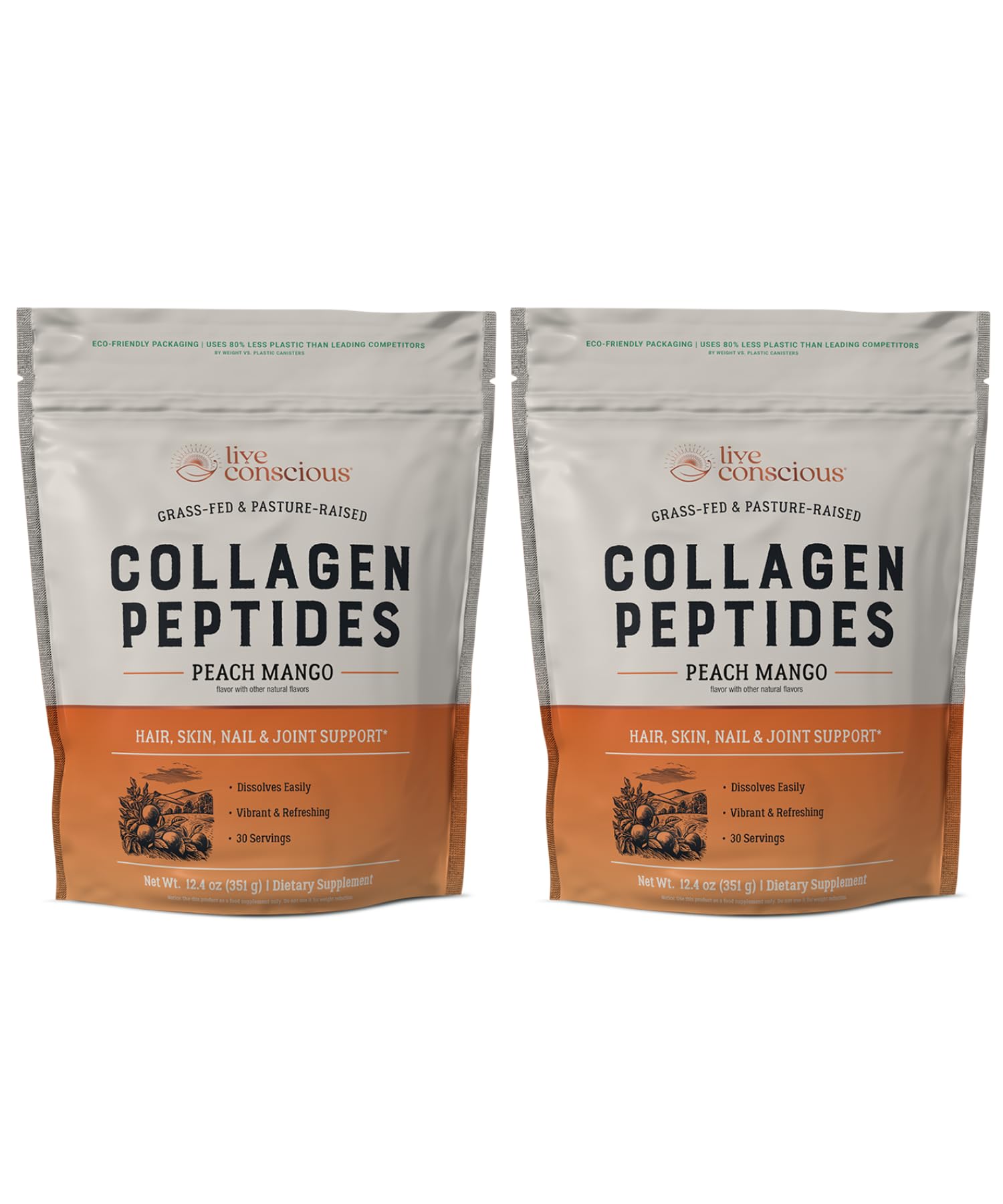 Live Conscious Collagen Peptides Peach Mango tub front supports glowing skin.