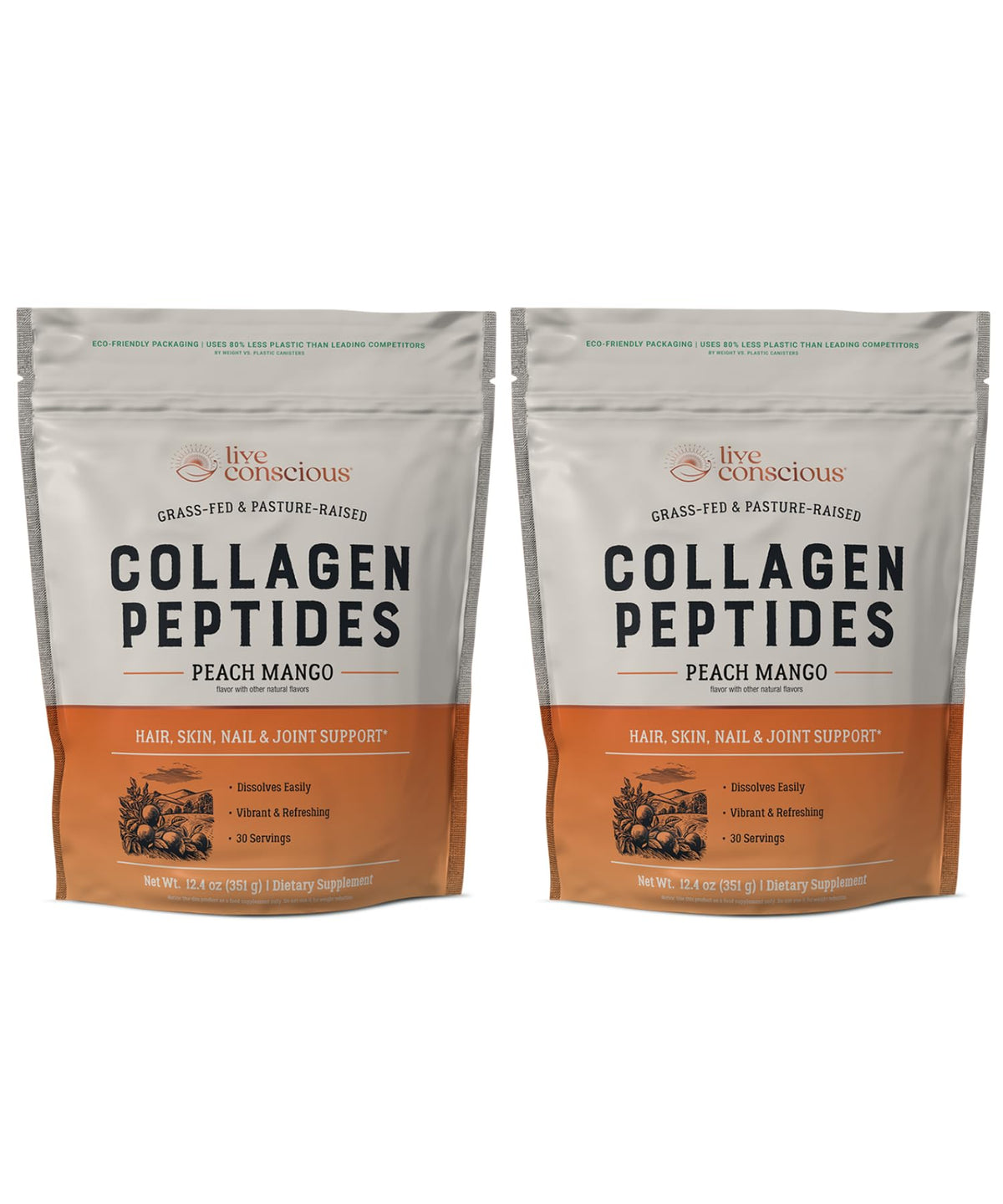 Live Conscious Collagen Peptides Peach Mango tub front supports glowing skin.
