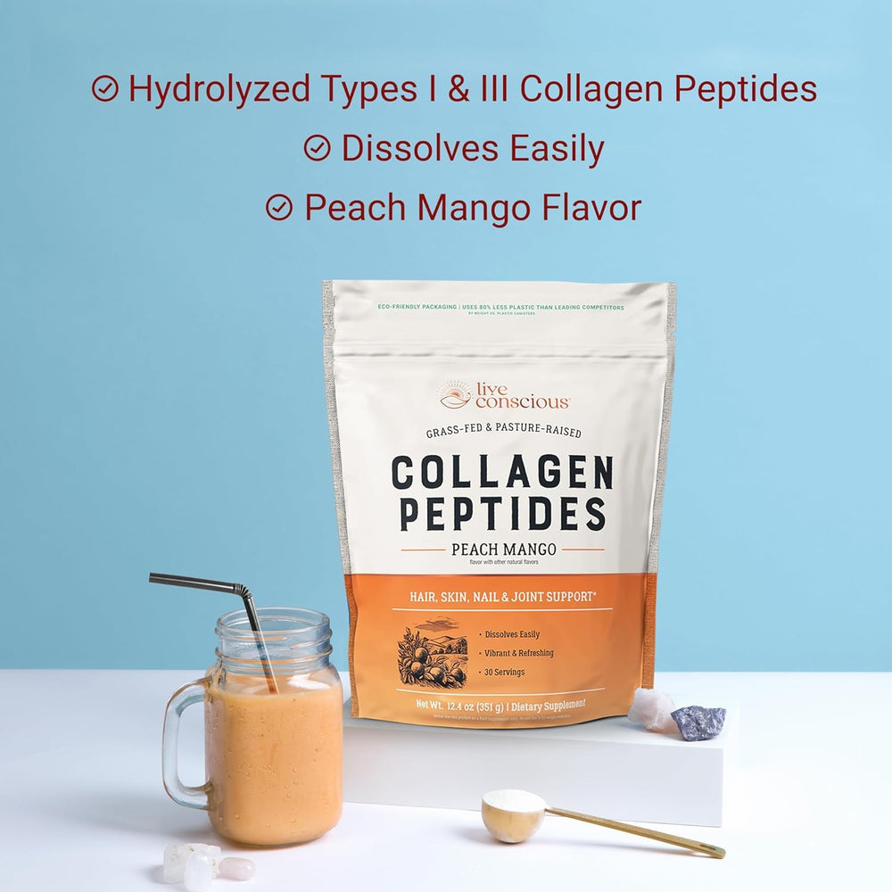 Live Conscious Collagen Peptides bottle beside a woman with healthier hair.