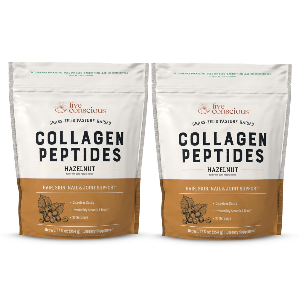 Live Conscious Collagen Hazelnut powder bottle ready to mix for skin and hair support.