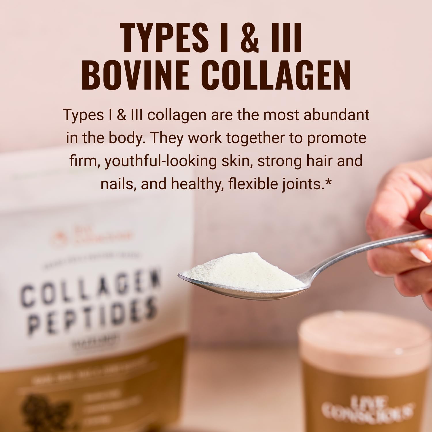 Live Conscious Collagen Hazelnut powder being poured into a glass for joint-friendly routine.