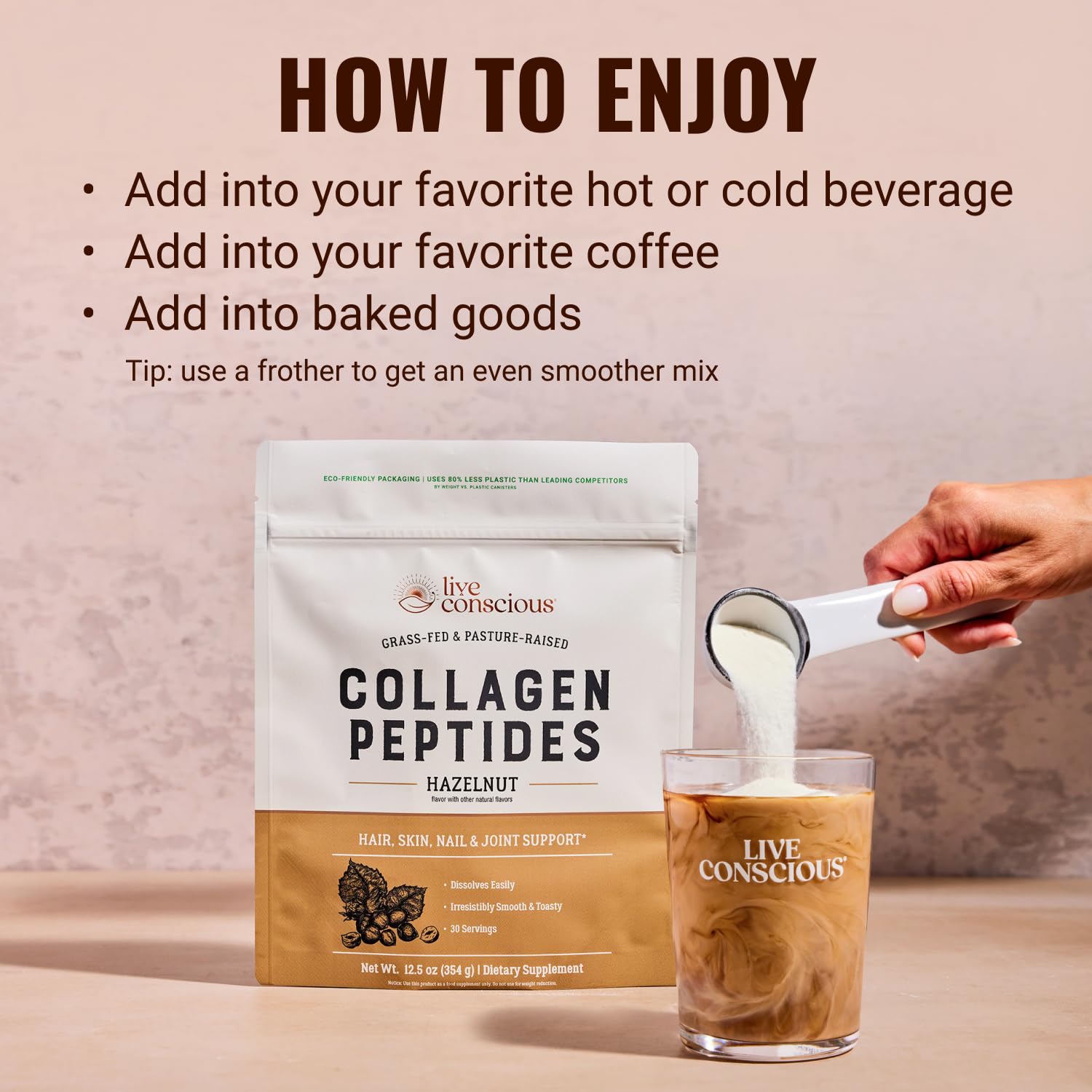 Live Conscious Collagen Hazelnut powder on kitchen counter with hazelnuts for flavor.