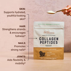 Live Conscious Collagen Hazelnut powder label close-up showing grass-fed, gluten-free notes.