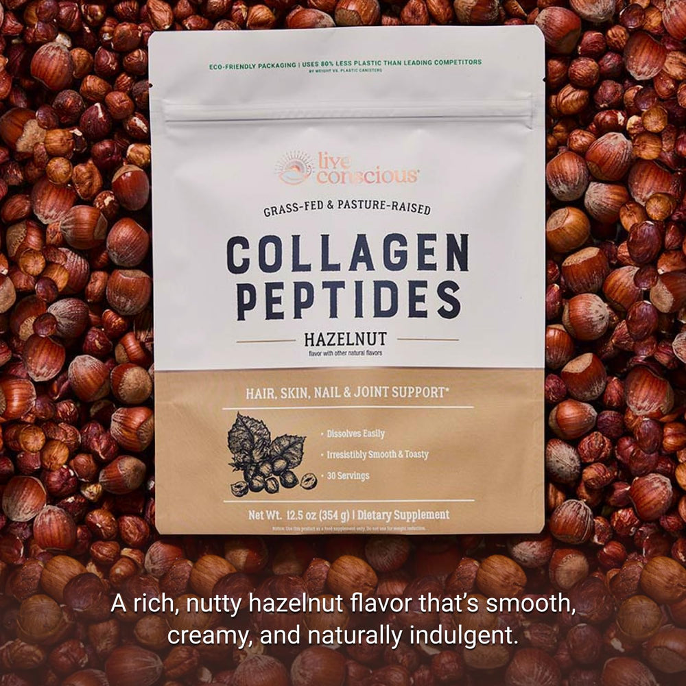 Live Conscious Collagen Hazelnut powder scoop beside bottle for easy daily servings.