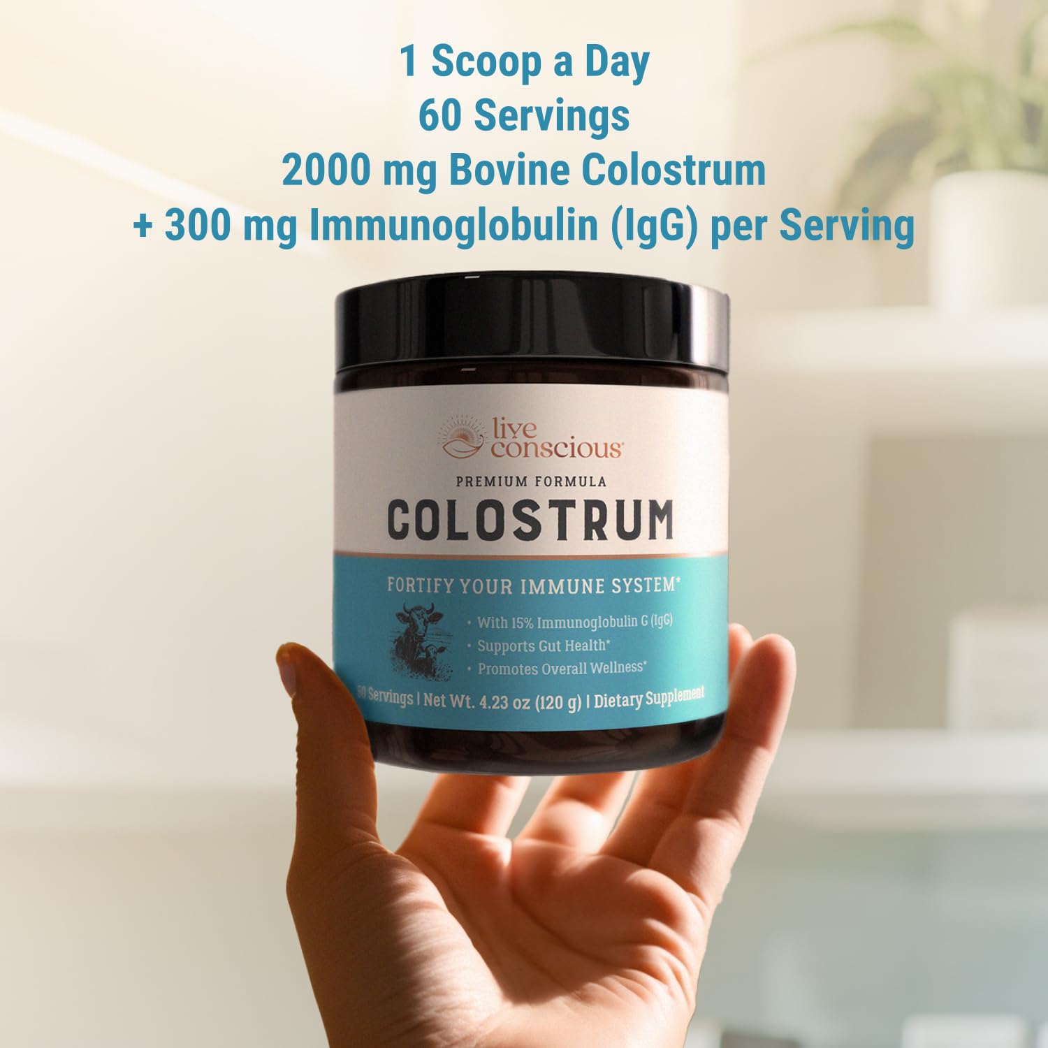 Live Conscious Colostrum powder dissolves quickly in water for smooth daily use.