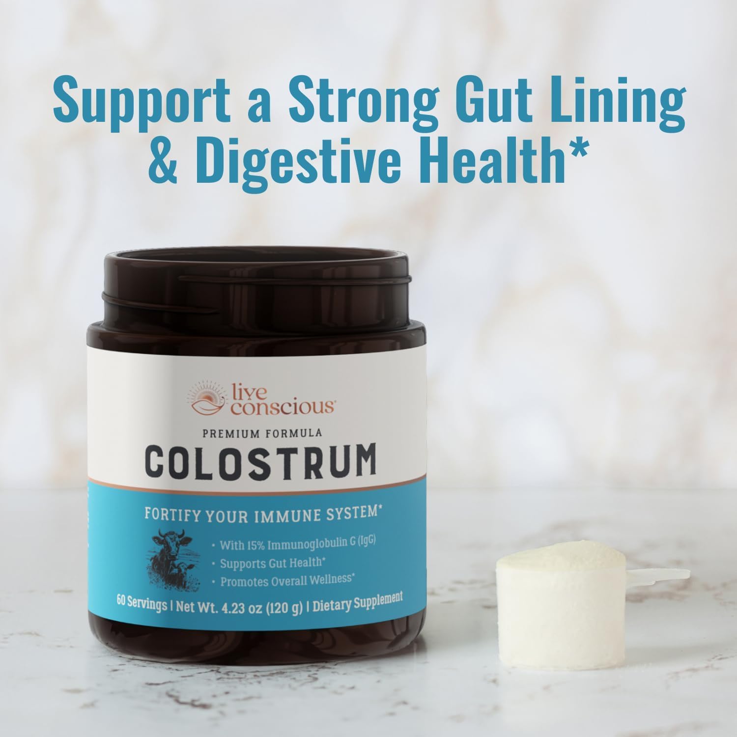 Live Conscious Colostrum powder label highlights grass-fed source benefits.