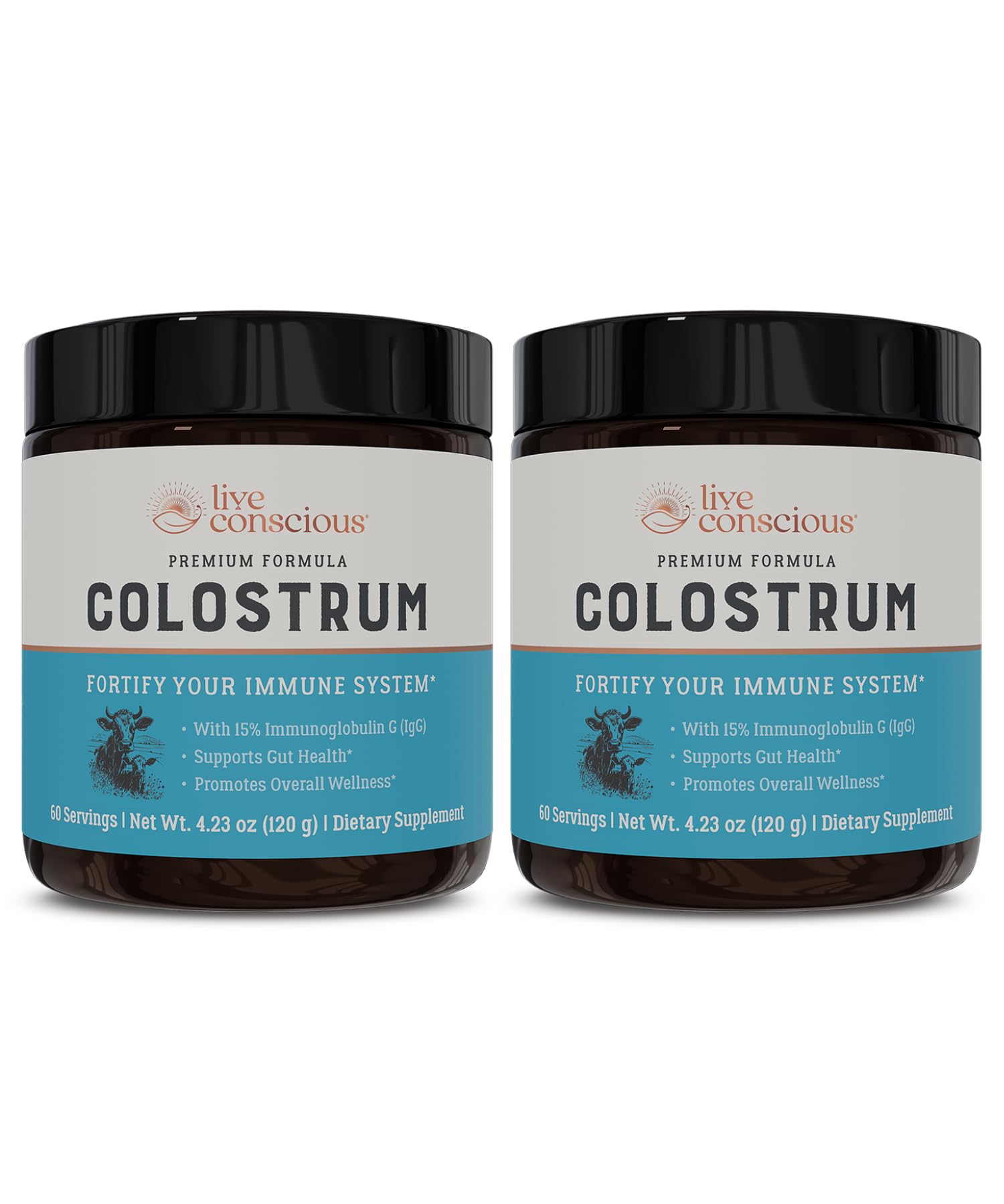 Live Conscious Colostrum powder packaging on shelf highlighting grass-fed source for daily wellness.