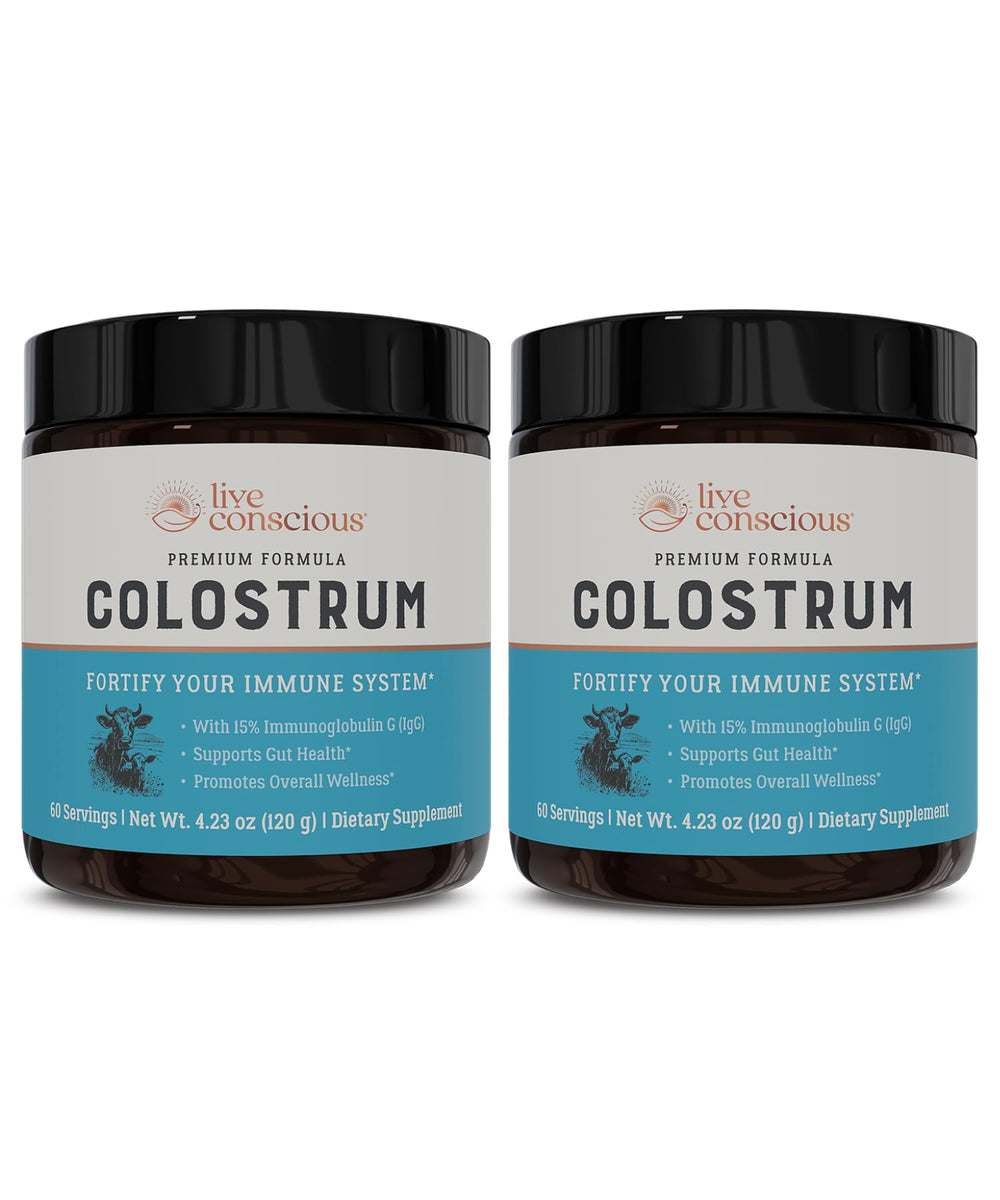 Live Conscious Colostrum powder packaging on shelf highlighting grass-fed source for daily wellness.