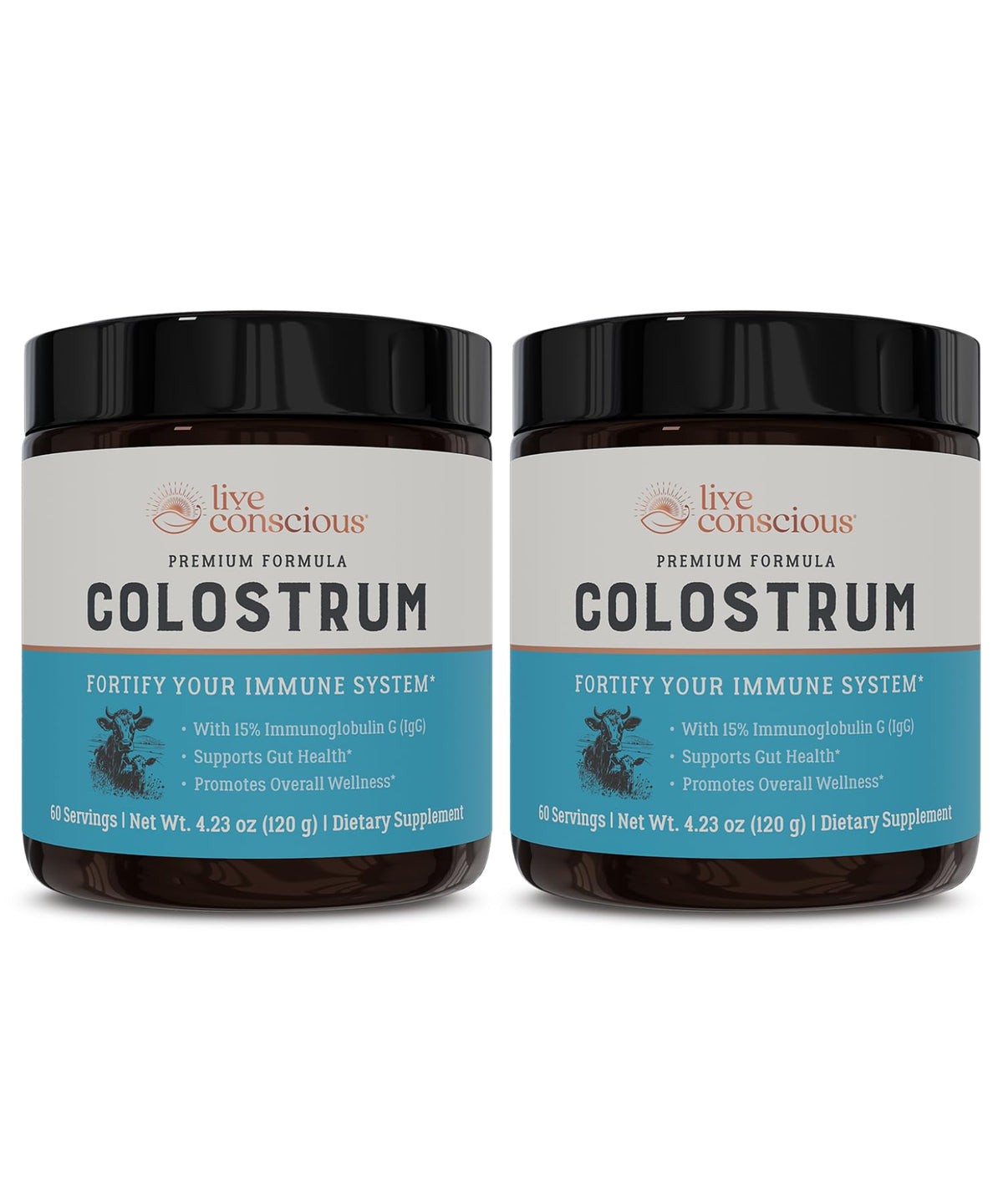 Live Conscious Colostrum powder packaging on shelf highlighting grass-fed source for daily wellness.