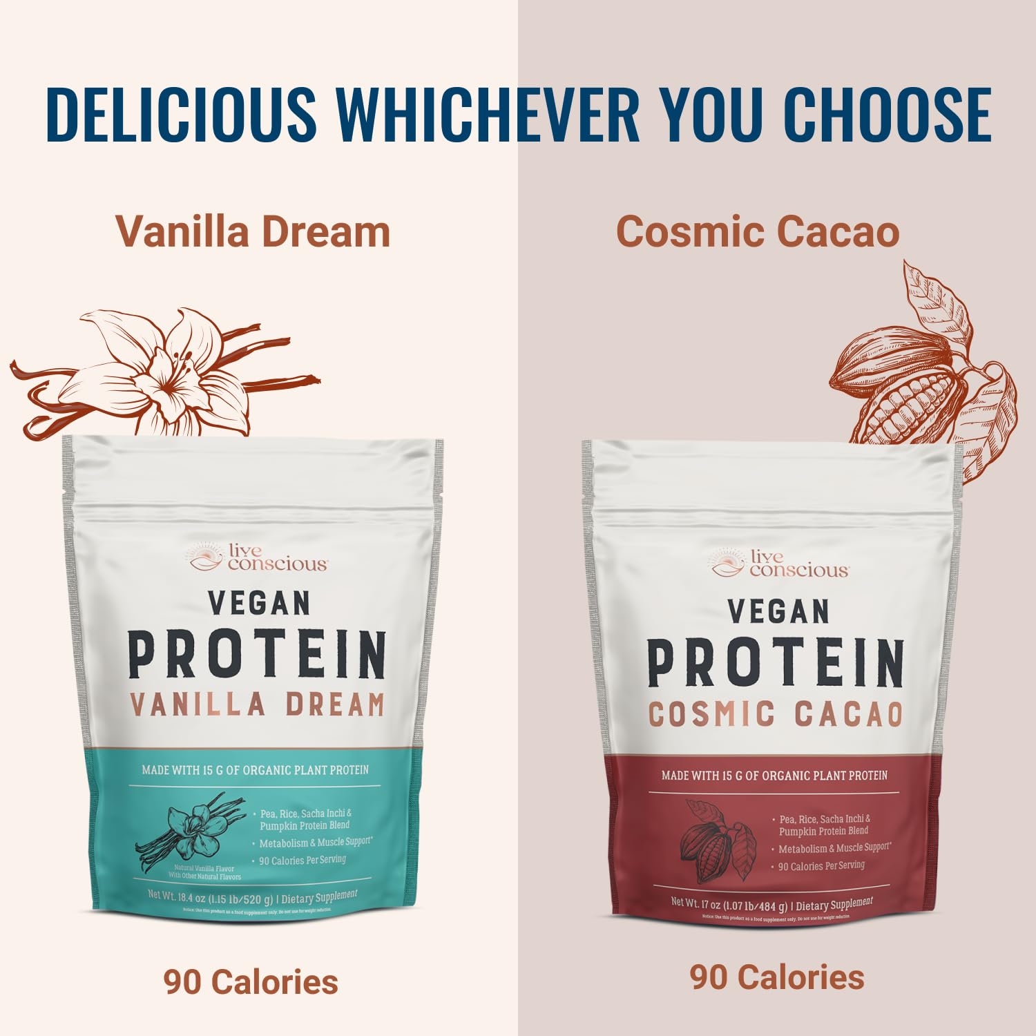 Live Conscious Cosmic Cacao ingredients include pea, rice, pumpkin seed, and sacha inchi for complete protein