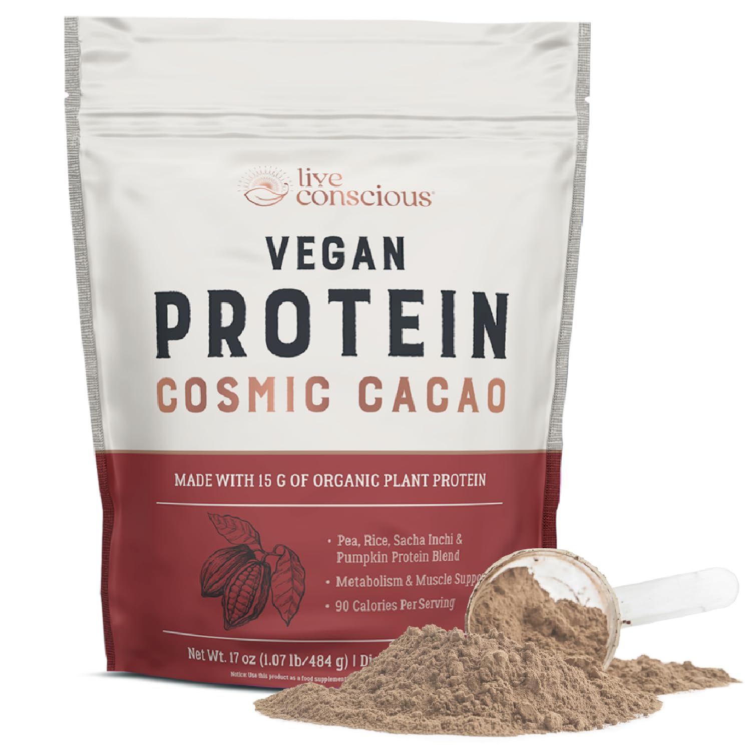 Live Conscious Cosmic Cacao protein powder jar showing an organic vegan blend ideal for post-workout shakes