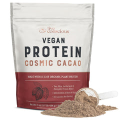 Live Conscious Cosmic Cacao protein powder jar showing an organic vegan blend ideal for post-workout shakes