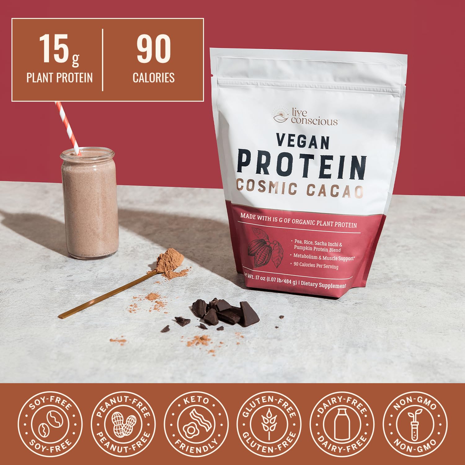 Live Conscious Cosmic Cacao label close-up highlighting the vegan, all-9-amino-acids formula