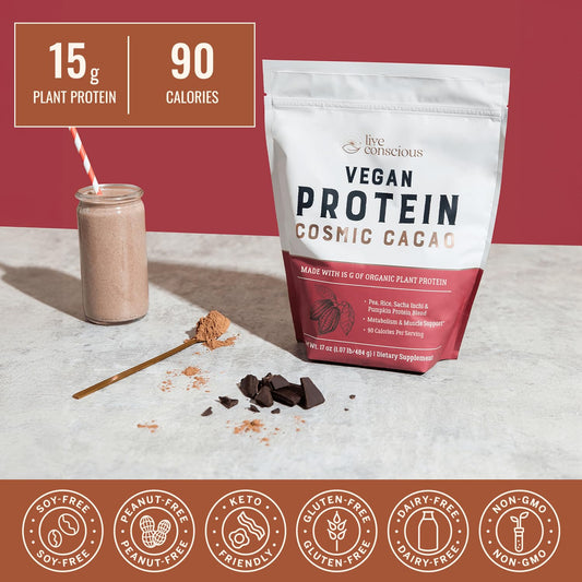 Live Conscious Cosmic Cacao label close-up highlighting the vegan, all-9-amino-acids formula