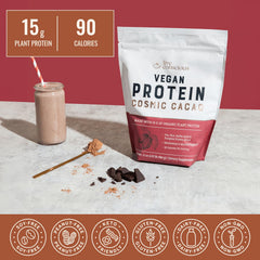 Live Conscious Cosmic Cacao label close-up highlighting the vegan, all-9-amino-acids formula