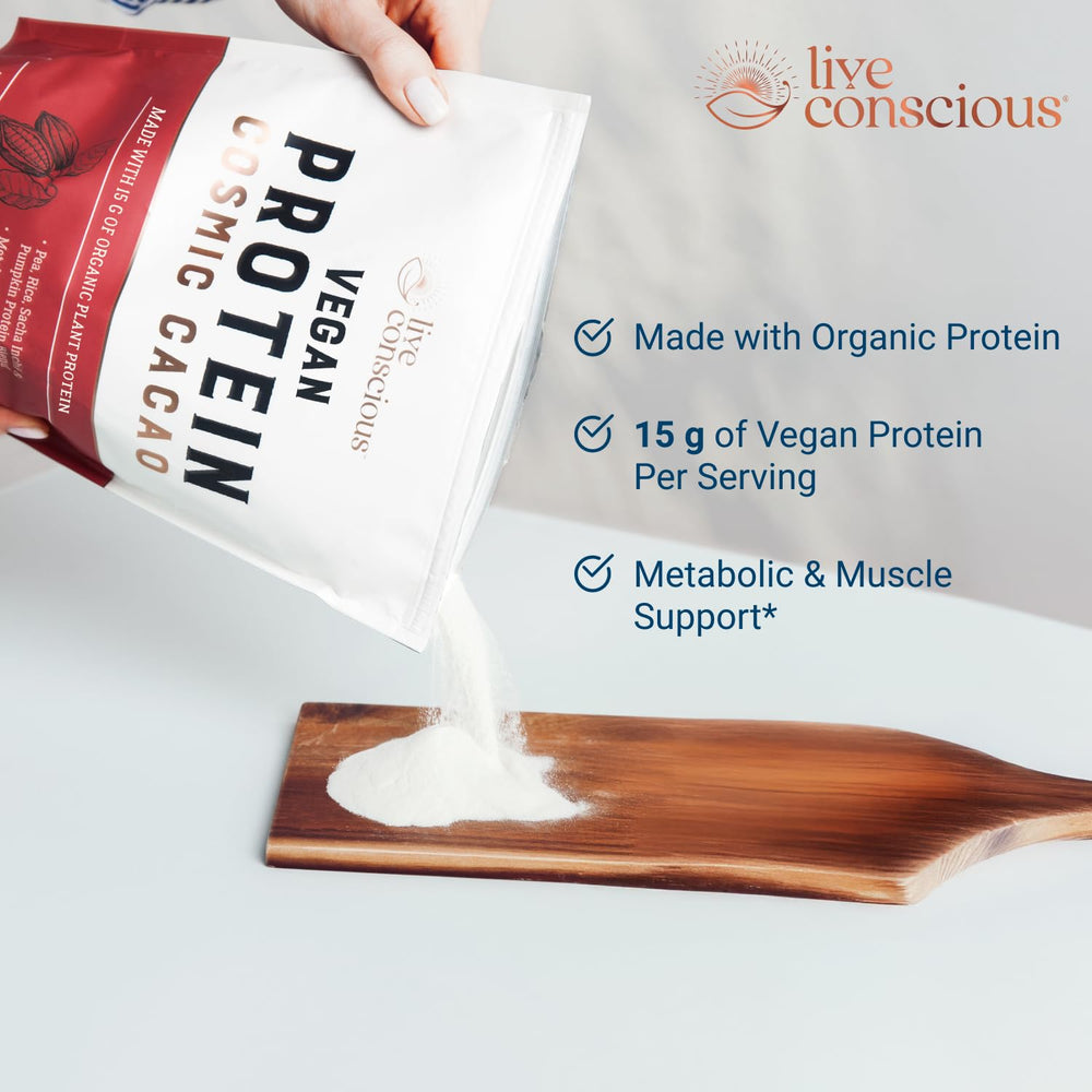 Live Conscious Cosmic Cacao shake ready in glass after workout, a chocolate-flavored protein option
