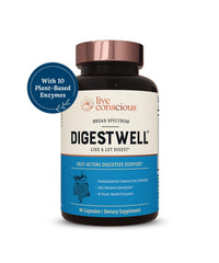 Close-up of Live Conscious DigestWell capsules showing the enzyme blend