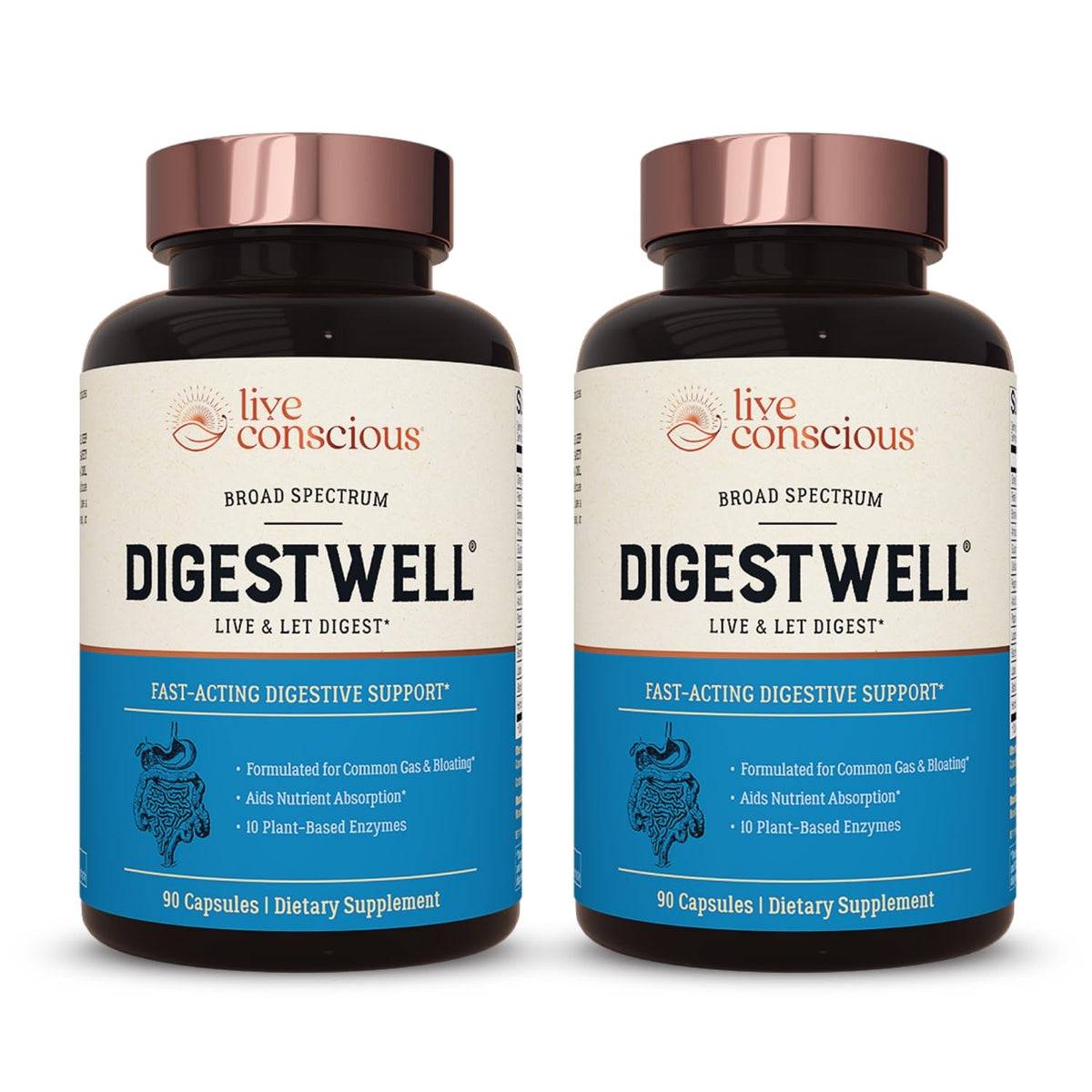 Live Conscious DigestWell Immediate Support bottle on a counter supports comfortable meals