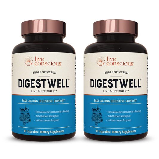 Live Conscious DigestWell Immediate Support bottle on a counter supports comfortable meals