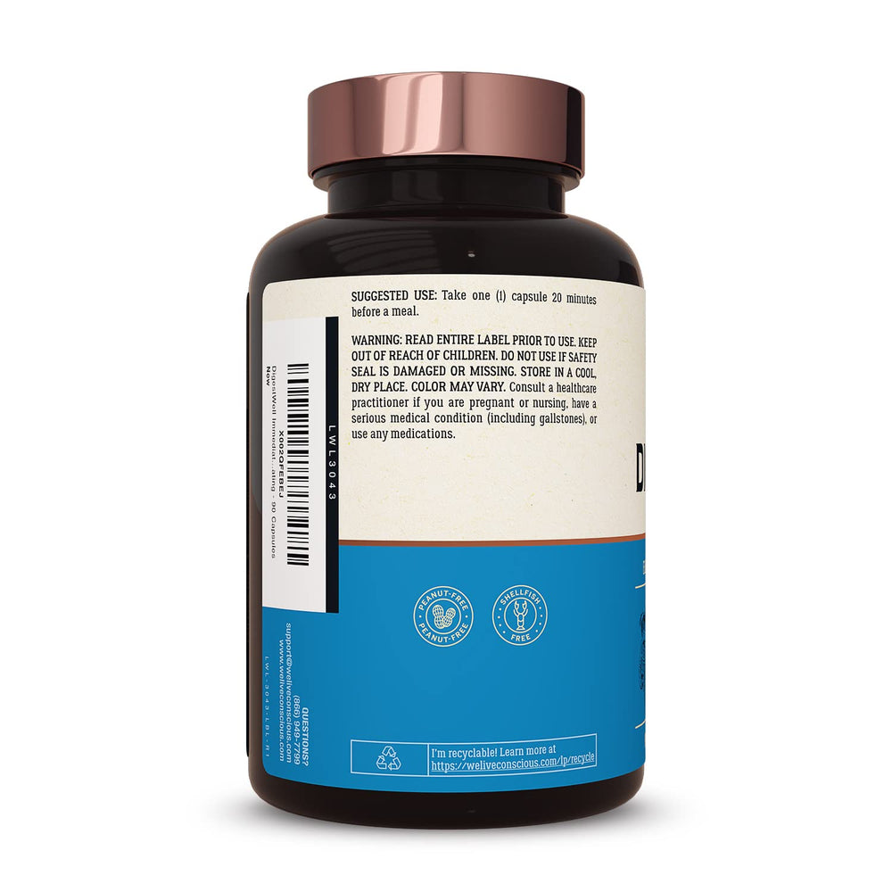 DigestWell label details with ingredient highlights for enzymes and botanicals