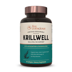 Live Conscious KrillWell bottle front view for joint and cognitive support