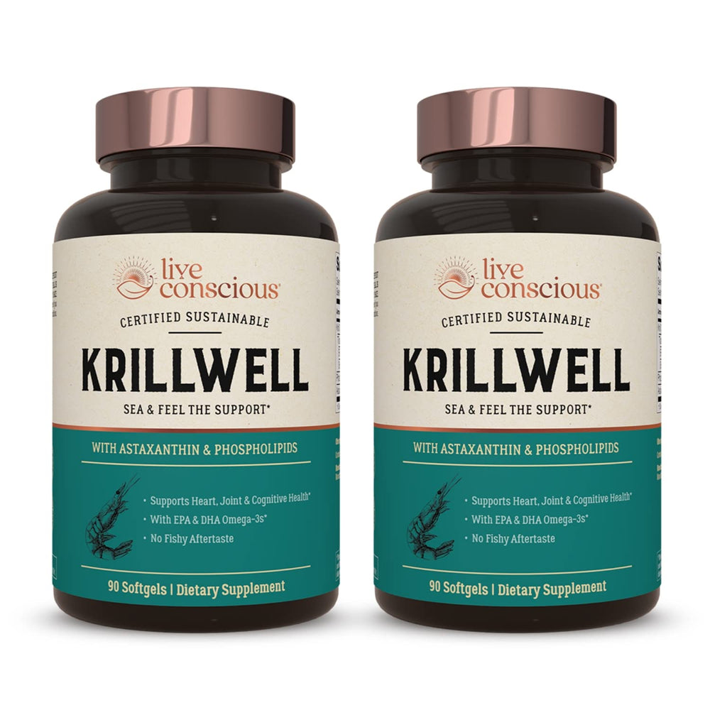 Live Conscious KrillWell bottle label showing sustainable krill oil