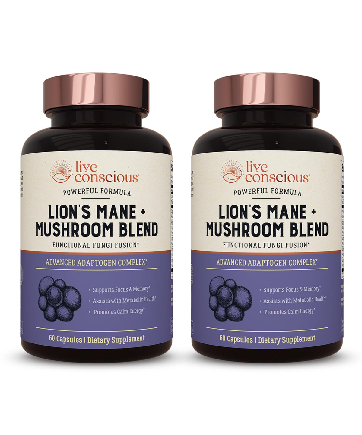 Live Conscious Lions Mane capsules bottle supports daily cognitive awareness.