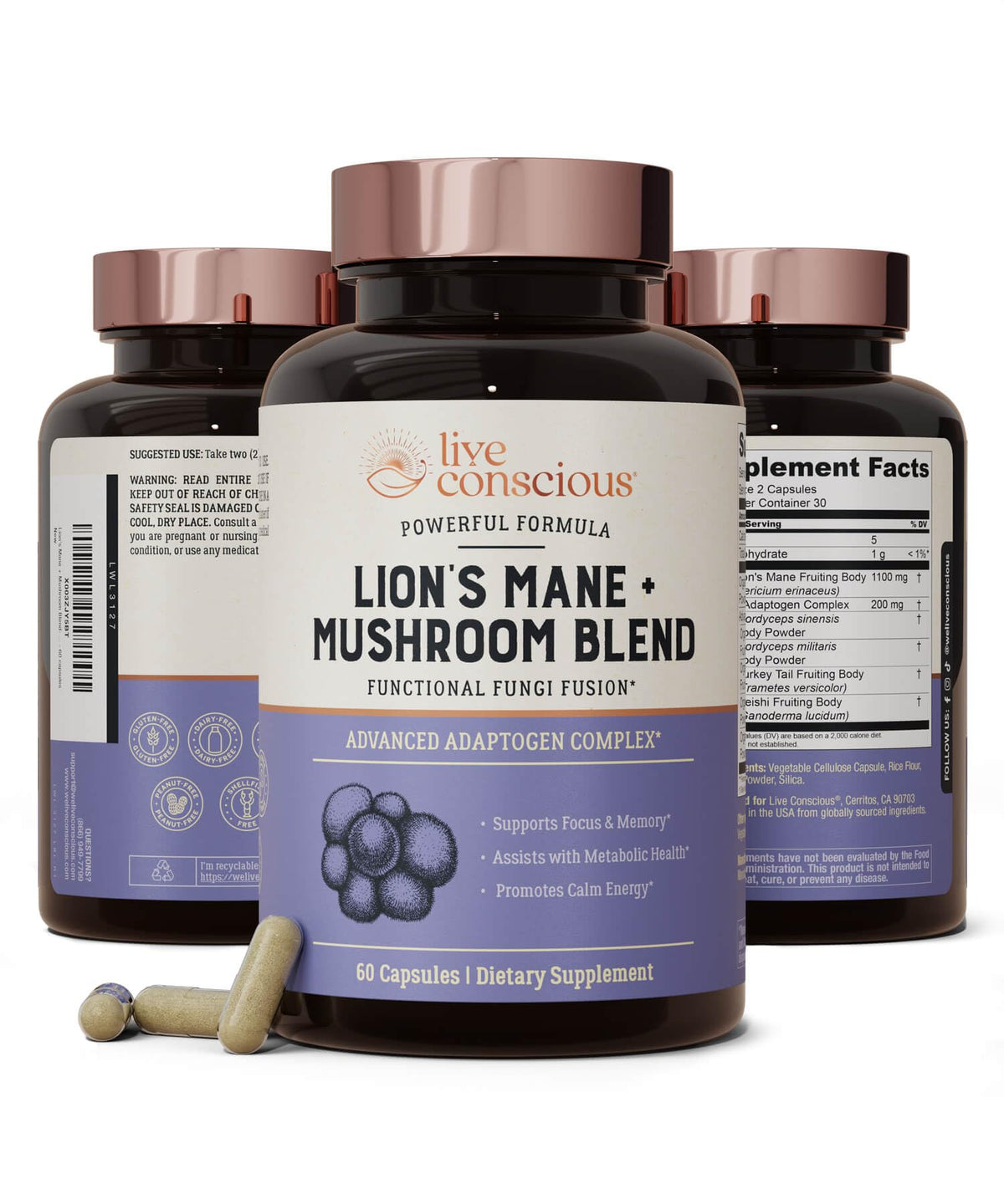 Live Conscious Lions Mane capsules bottle for daily brain support.
