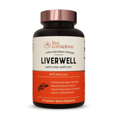 Live Conscious LiverWell bottle front view highlighting liver support and daily wellness benefits.