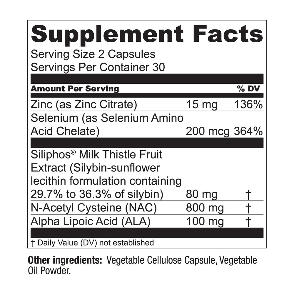 Live Conscious LiverWell label closeup featuring Siliphos milk thistle and antioxidants.